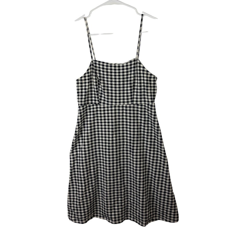 Pink Rose Gingham Mini Dress Black White Spaghetti Strap Cotton Blend Size M
